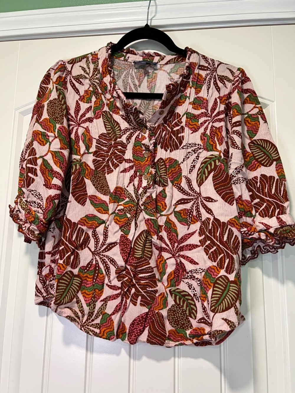 Democracy Pink Floral half Button-Front Blouse with Brown and Green Leaf Print